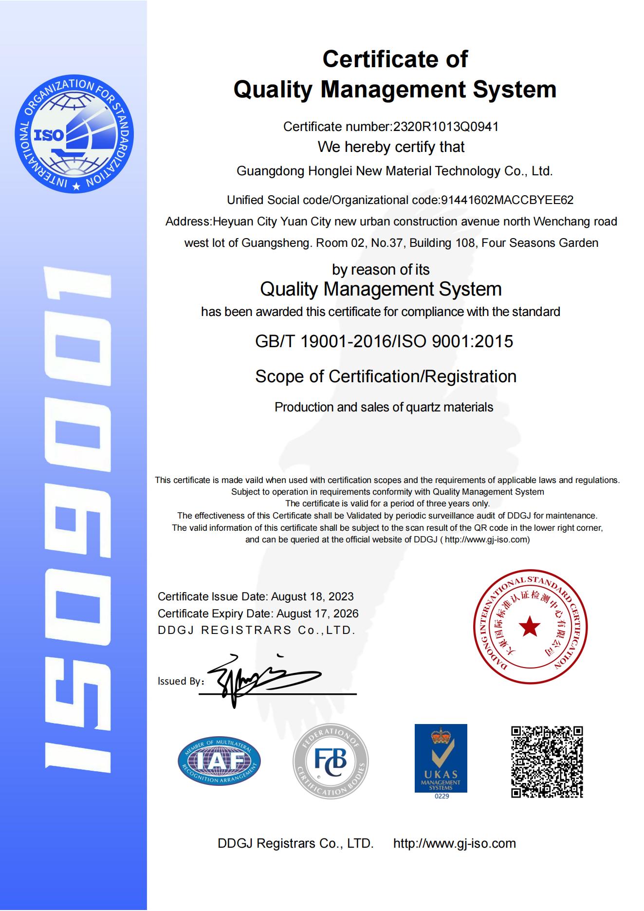 ISO Certificate of Quality Management System